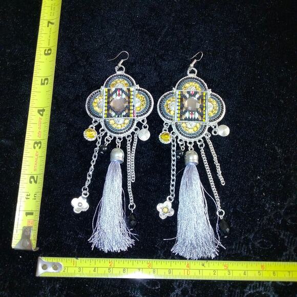 Iris Apfel & Bajalia Gray & Silver Embellished Tasseled HUGE Statement Earrings - Picture 8 of 11